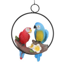 Garden Iron Ring Parrot Pendant, Resin Double Macaw Ornament, 15x12.5x6.5cm