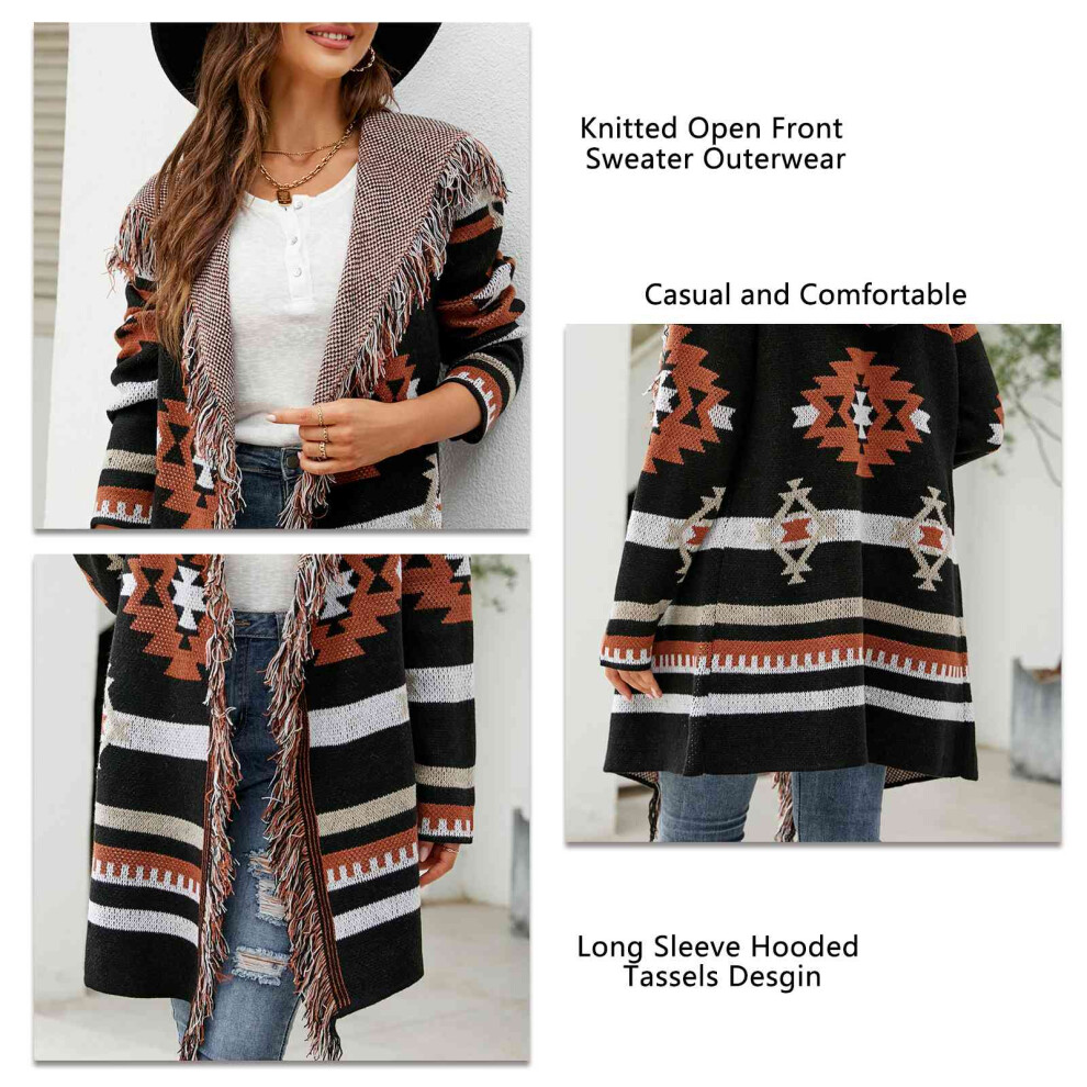 Women's Open Front Knitted Sweater Coat with Tassels, Geometric Pattern, Black, S-XL-image-OPC-PMGCGWH-NEW
