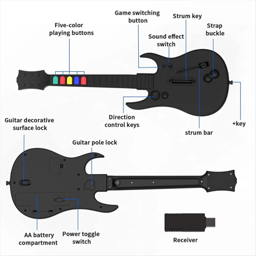 2.4G Wireless Game Guitar Controller for PC Compatible with Clone Rock Band Games Remote Joystick Console White 2