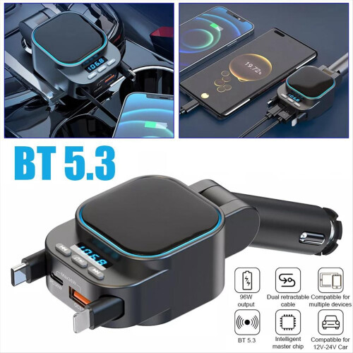 Fm Transmitter Bluetooth 5.3 Car Mp3 Player 96w Pd Type-C+Qc3.0 Fast Charger with 2 Retractable Cables 2