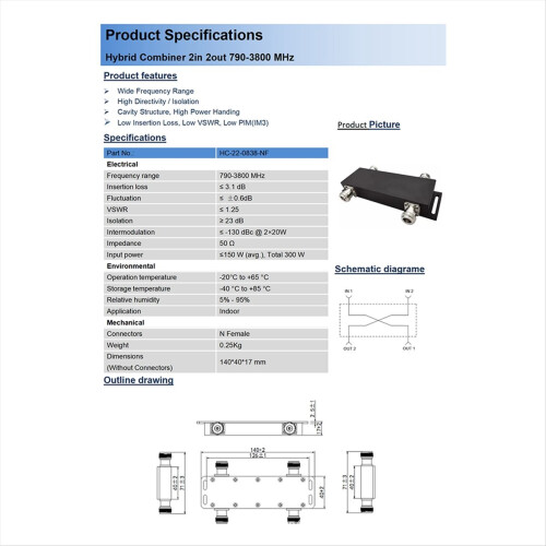 Cavity Bridge 2-Input 2-Output 3dB N Female Same Frequency Combiner 790-3800MHz 2