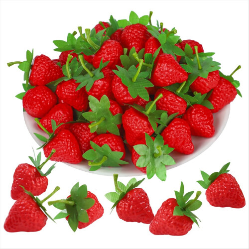 100 PCS Artificial Red Strawberries Fake Plastic Strawberry Decor