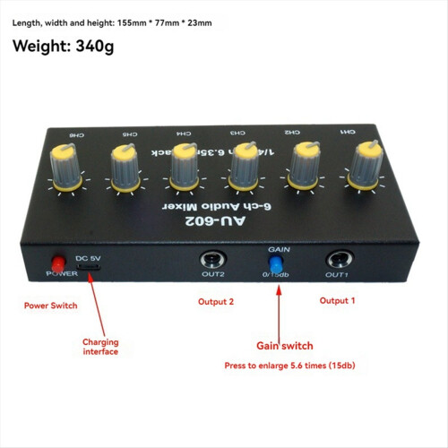 6 Channel Audio Mixer Headphone Microphone Mic Amplifier Hub 2