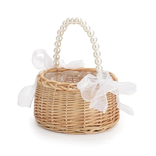 Pastoral Style Wicker Flower Basket with Pearl Handle