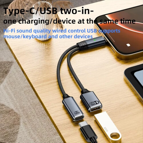 USB-C OTG Cable with PD Charging Port, 2-in-1 White 2