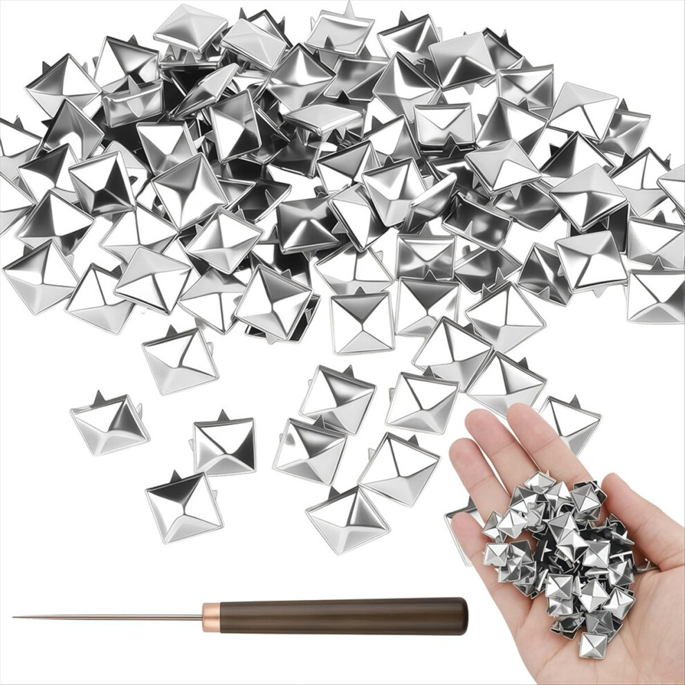 100Pcs 10Mm Square Pyramid Studs, Metal Claw Rivets With Awl Tool B 4712599016961