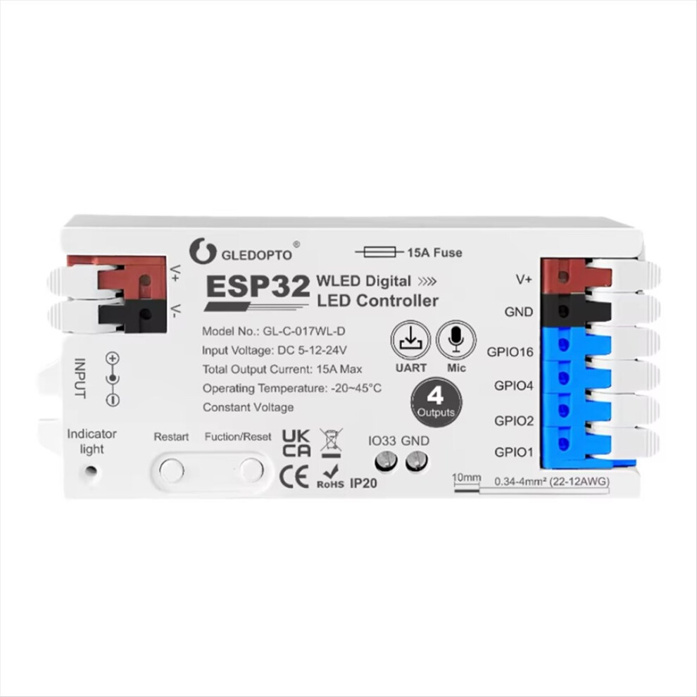 Esp32 Wled Controller With 4 Outputs Fuse Mic Lights White 4711478411439