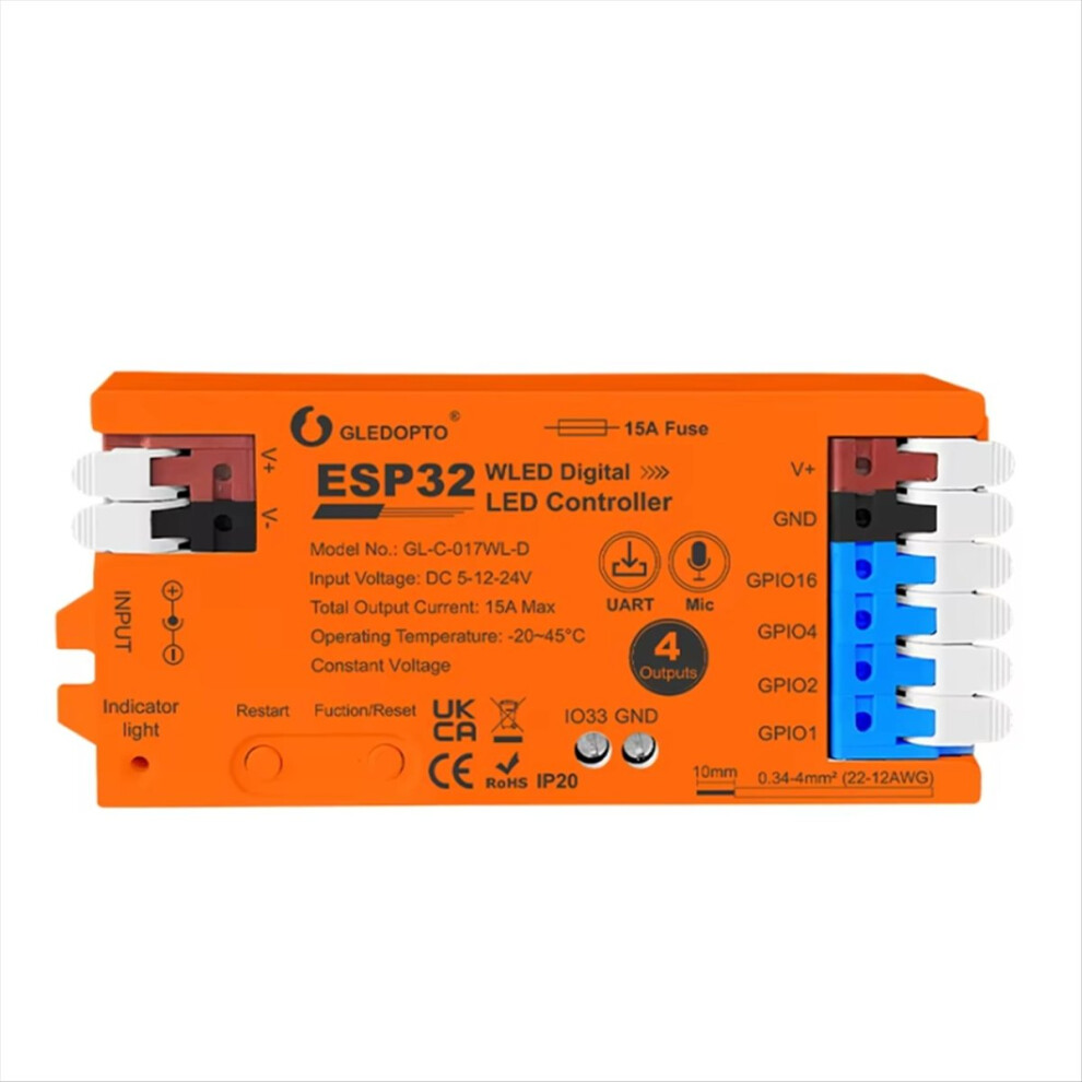 Esp32 Wled Controller With 4 Outputs Fuse Mic Lights Orange 4711478411422
