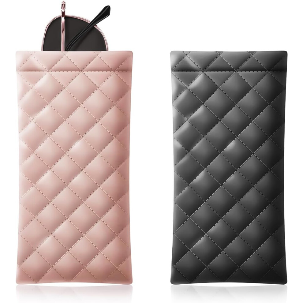 (Black Pink) 2 - Piece Soft PU Leather Sunglass Case Squeeze - Top Design Portable Organizer Pouch for Eyewear