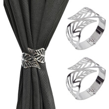 (Silver) 2 - Pack Aluminum Alloy Curtain Tiebacks Spring & Gold Leaf Design Simple Modern Style for Drapes & Decor