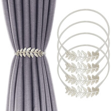 (Sliver) 4 - Pack Aluminum Alloy Curtain Tiebacks Spring & Leaf - Carved Design Modern Home Drape Decor Holdbacks