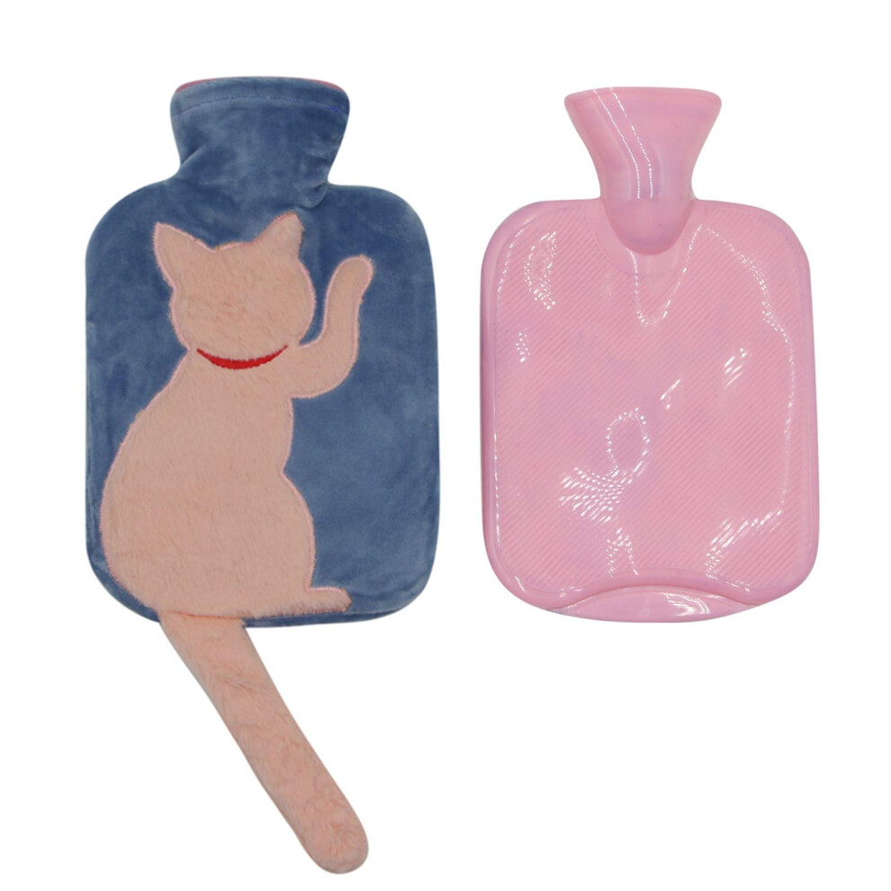 Blue/Grey () 1 - Liter Rubber Hot Water Bottle With Adorable Cat - Themed Soft Plush Fleece Cover - Perfect For Hot/Cold Therapy And Cramps Pain Relief