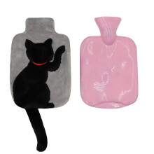 (Grey) 1 - Liter Rubber Hot Water Bottle with Adorable Grey Cat - Themed Soft Plush Fleece Cover - Perfect for Hot/Cold Therapy and Cramps Pain Relief