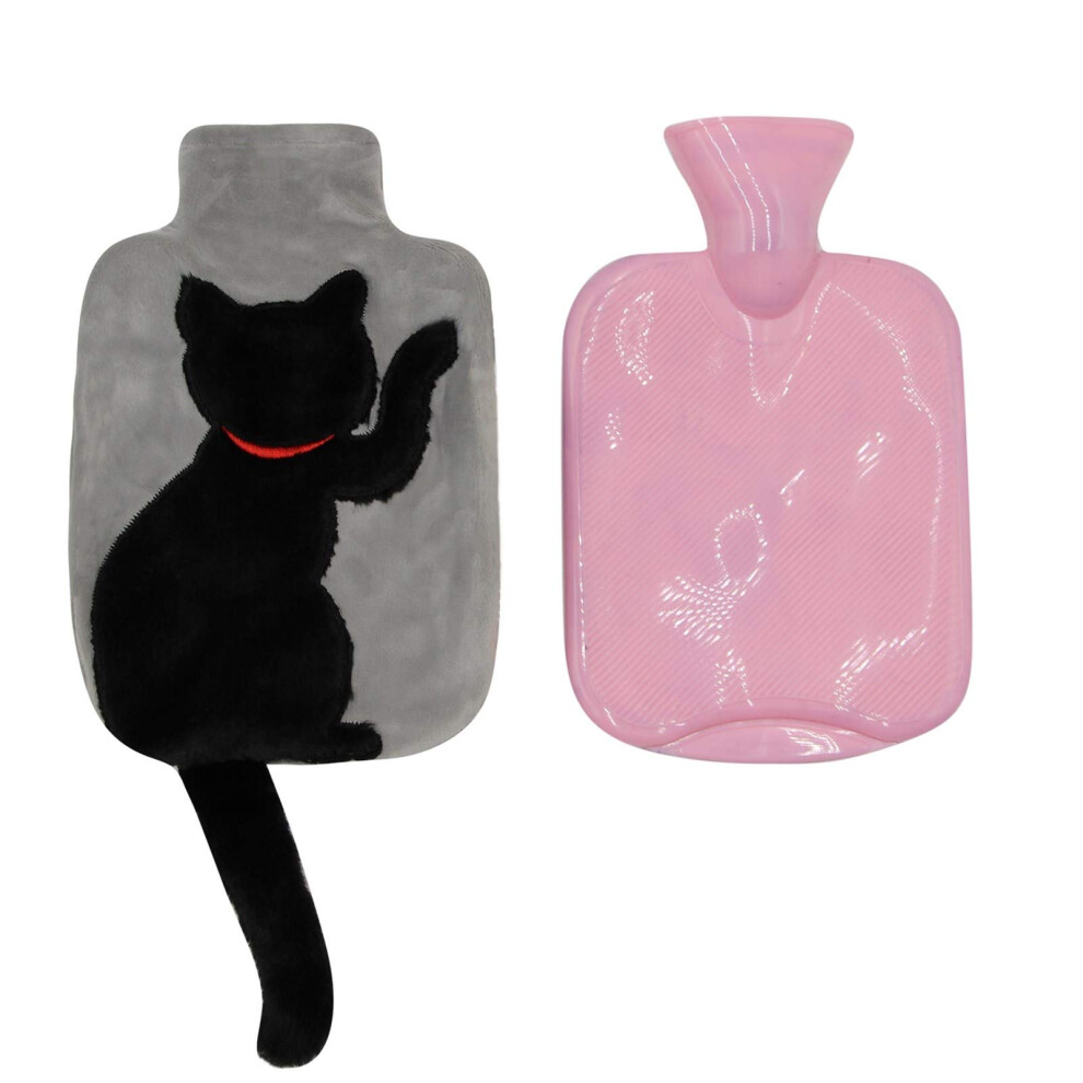 Grey (Grey) 1 - Liter Rubber Hot Water Bottle With Adorable Cat - Themed Soft Plush Fleece Cover - Perfect For Hot/Cold Therapy And Cramps Pain Relief