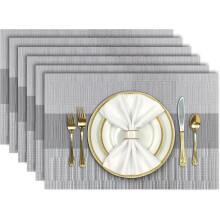 (Light Grey) Set of 6 PVC Woven Placemats - Heat Resistant Washable Non - Slip & Stain Resistant - Easy to Clean for Kitchen/Dining Table