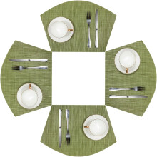 (Green) Set of 4 Wedge - Shaped Round Woven Vinyl Placemats - Heat Resistant Wipe Clean for Home Table Decor