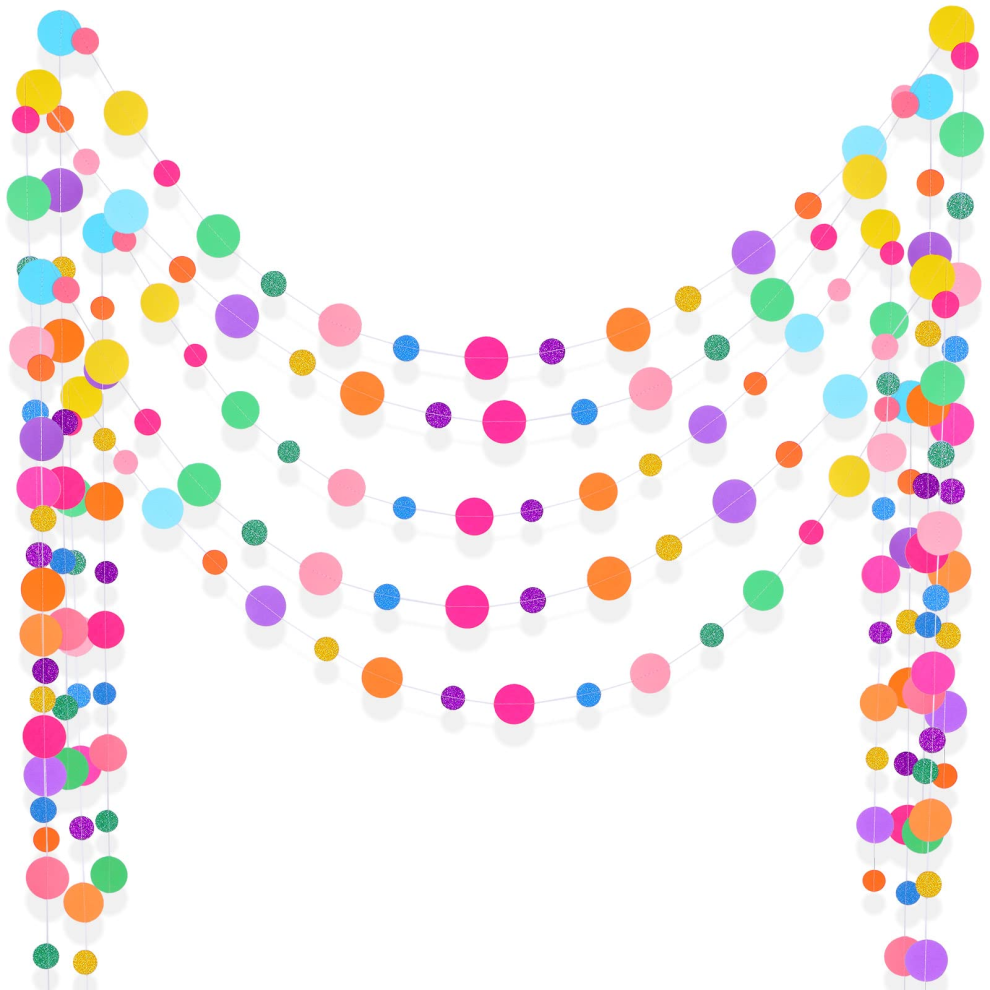 (20-PACK) 5 - Piece Colorful Dots Glitter Garland - Hanging Confetti Streamers for Birthday, Classroom, and Party Decor, in Rainbow Colors-image-OPC-PMGGY7B-NEW