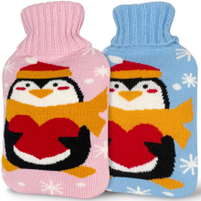 (Penguin) 2 - Pack 1L Large Cute Rubber Hot Water Bottles with Adorable Owl - Patterned Covers - Ideal for Pain Relief, Cramps, and Hot/Cold Therapy