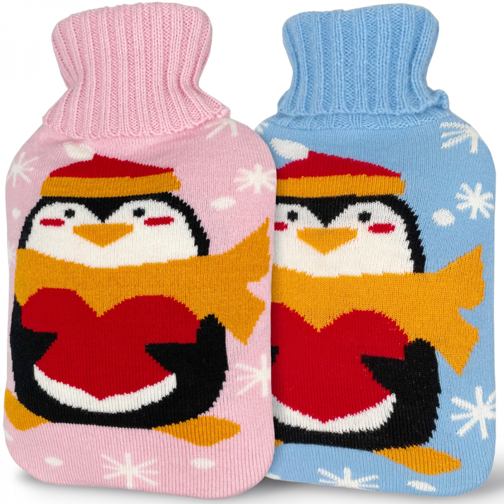 Blue/Pink (Penguin) 2 - Pack 1L Large Cute Rubber Hot Water Bottles With Adorable Owl - Patterned Covers - Ideal For Pain Relief, Cramps, And Hot/Cold Therapy