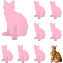 (pink) Cat-Shaped Adhesive Wall Hooks - 8-Pack Stainless Steel Key Hangers for Cat Lovers, Cute Decorative Hooks for Hanging Hats, Bags, Towels (Pink)