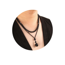 (Obsidian) 2Pcs Men's Beaded Necklace - Protection Choker Necklace with Pendant, Men's Jewelry Gift for Men, Obsidian Beads