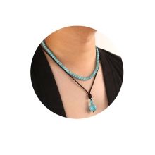 (Turquoise) 2Pcs Men's Beaded Necklace - Protection Choker Necklace with Pendant, Men's Jewelry Gift for Men, Obsidian Beads