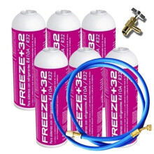 Eco-Friendly Refrigerant Kit: 6 Bottles of Organic Freeze 32 (350g) with Valve & R32 Substitute Hose for R410A Systems