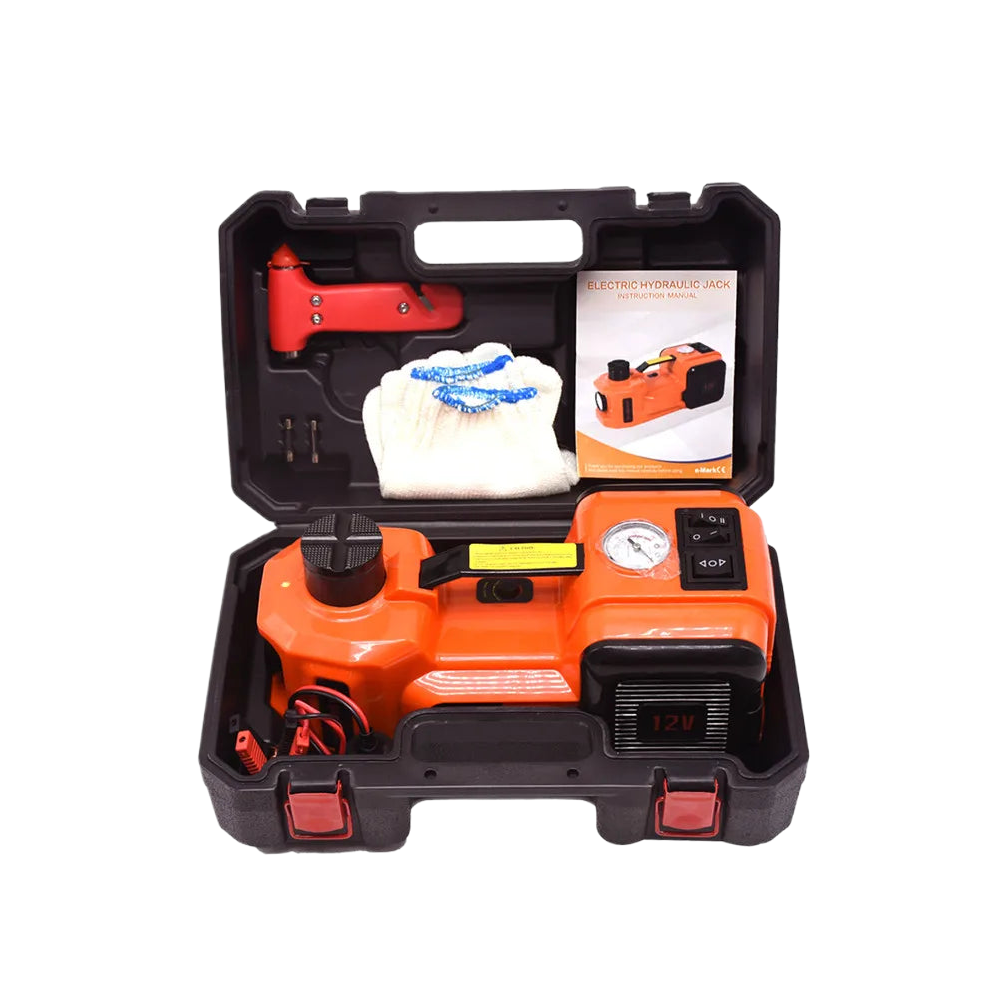 Versatile 3-in-1 12V Hydraulic Car Jack Set with Tire Inflator, LED Flashlight, and Safety Hammer - 5 Ton Capacity (Model QZ002)