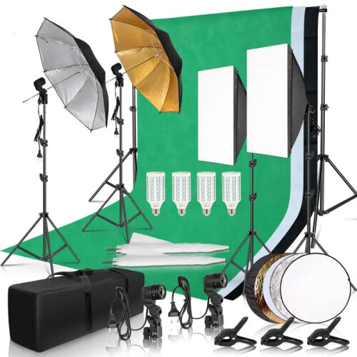 Complete Photography Studio Softbox Lighting Kit with Background Frame, Tripod Stand, Reflector, and 4 Umbrellas