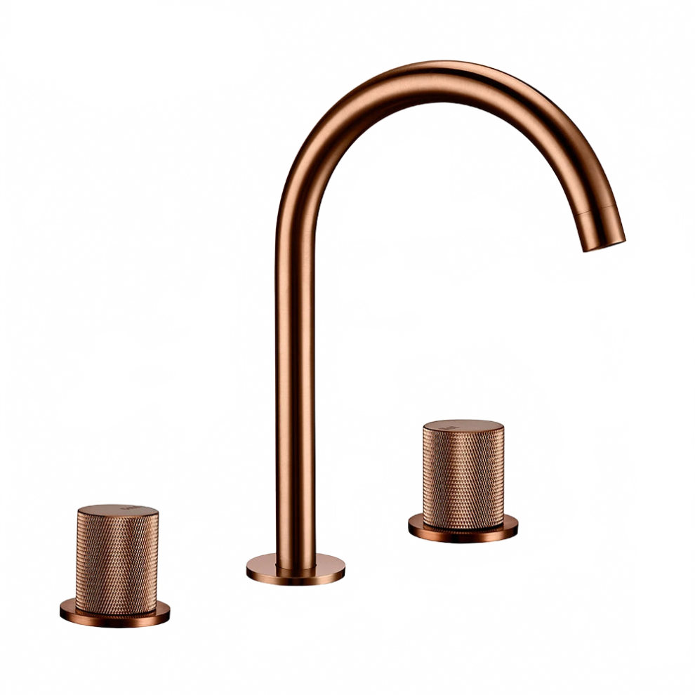 Gold Elegant Brushed Rose Widespread Basin Faucet Set With Knurled Handles - 3-Piece Deck Mounted Mixer For Hot And Cold Water