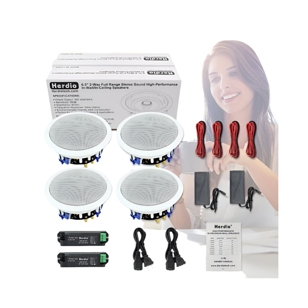 Herdio 4-Piece 6.5 640W 2-Way Wireless Bluetooth Ceiling Speaker Set For Home Theater & Living Room Flush Mount 313033751789