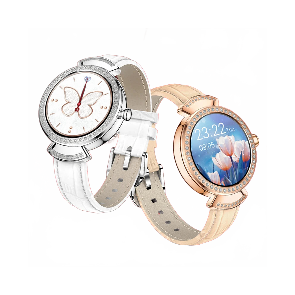 Elegant Women's Smartwatch with Heart Rate & Sleep Tracking, Menstrual Reminder, and Diamond Round Face Design