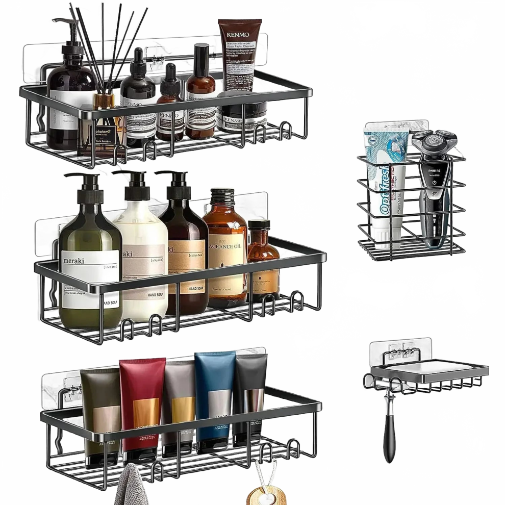5-Pack Rustproof Stainless Steel Adhesive Shower Caddy Set - Premium Bathroom Storage Shelves & Organizers 7445052194193