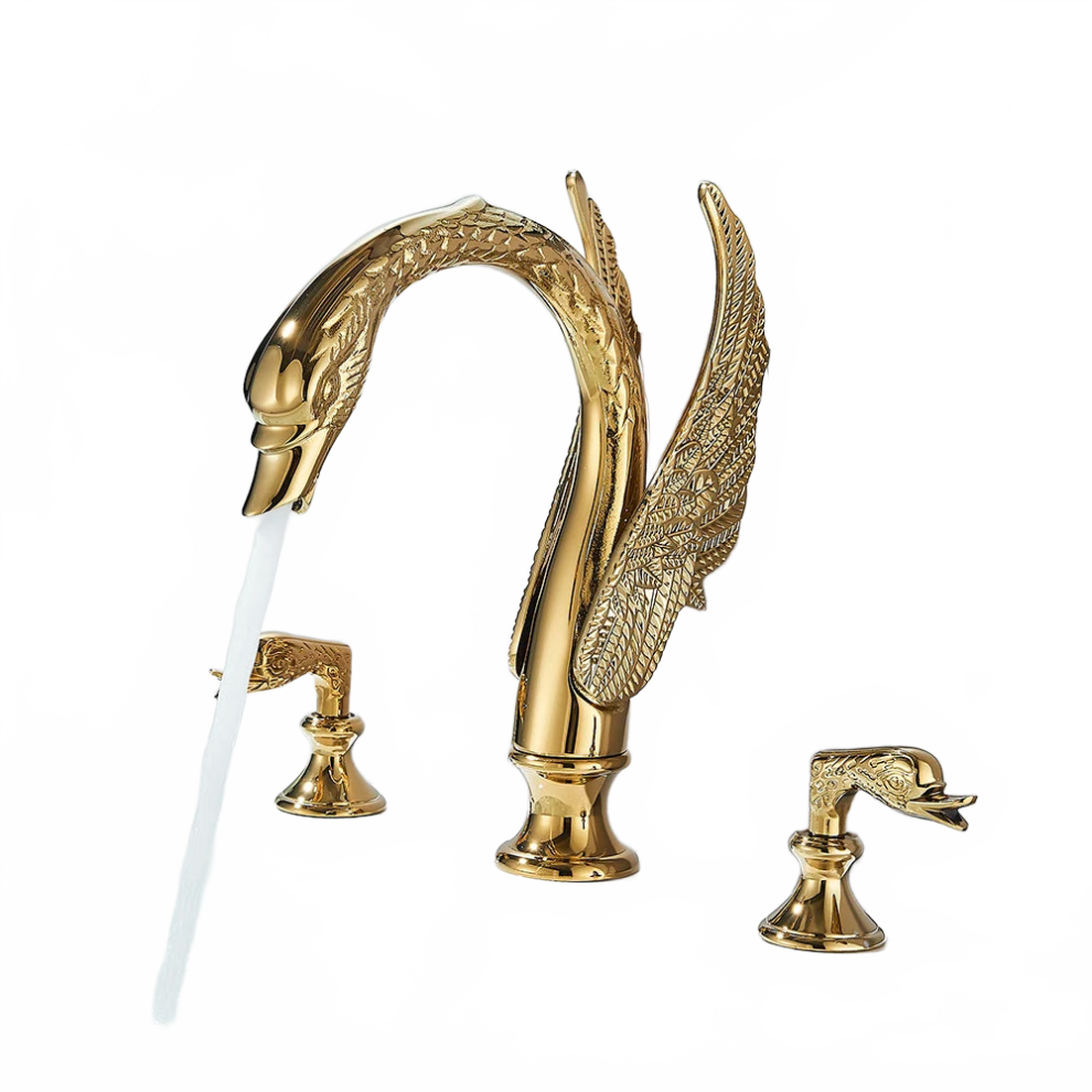 Elegant Swan Design Dual Handle Widespread Bathroom Faucet - Brass 3-Hole Mixer Tap 705353231667