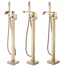Brushed Gold Square Bathtub Faucet - Solid Brass Floor-Standing Waterfall Spout with Single Handle Hot & Cold Mixer