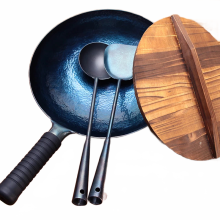 Hand-Hammered Chinese Iron Wok Set: 32, 34, 36cm Non-Stick Gas Pot & Frying Pan with Wood Lid & Iron Utensils