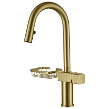 Elegant Brushed Gold Kitchen Sink Faucet with Pull-Down Sprayer - Deck-Mounted Pull-Out Design