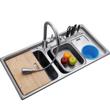 Stainless Steel Double Bowl Kitchen Sink with Brushed Finish and Hot/Cold Faucet -