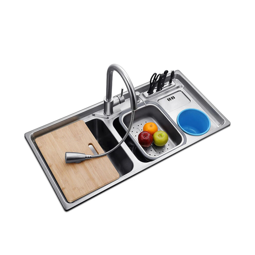 Stainless Steel Double Bowl Kitchen Sink With Brushed Finish And Hot/Cold Faucet - 711181141894