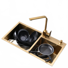 304 Stainless Steel Gold Kitchen Sink - Double Bowl with Basket Drainer & Soap Dispenser, Above Counter or Undermount Installation
