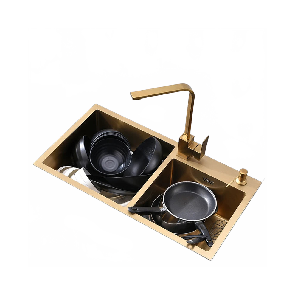 304 Stainless Steel Gold Kitchen Sink - Double Bowl With Basket Drainer & Soap Dispenser, Above Counter Or Undermount Installation 7445026122139
