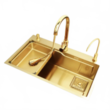 Hochwertige Küchenspüle aus Edelstahl 304 in Gold mit Nano-Beschichtung und multifunktionalem Leiterdesign – inklusive Armatur und Abflussgarnitur
