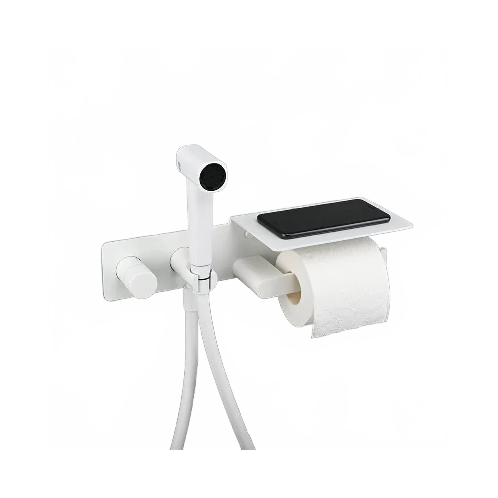 Compact Brass Bidet Sprayer With Paper Shelf - Concealed Toilet Faucet & Single Handle Shattaf Mixer 711181479089