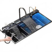 Premium Stainless Steel Waterfall Kitchen Sink with Knife Holder & Digital Display Faucet - Embossed Extra Large Single Slot