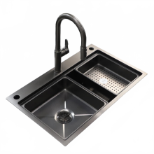 Premium Handmade Nano Black Gun Gray Kitchen Sink - Single Bowl, Thickened 304 Stainless Steel with Embossed Drainage