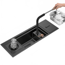 Premium SUS 304 Stainless Steel Black Hidden Cup Rinser Kitchen Sink with Integrated Cup Washer & Trash Can