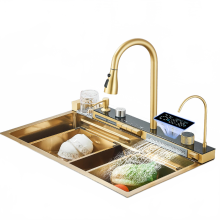 Brushed Gold Double Waterfall Stainless Steel Kitchen Sink - Embossed Large Single Slot Wash Basin