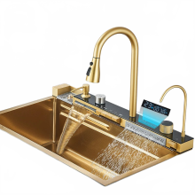 Shinesia Stainless Steel Double Waterfall Kitchen Sink Set with Digital Display Faucet & Soap Dispenser