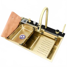Elegant Gold Stainless Steel Kitchen Sink with Digital Vegetable Washing Basin & Ambient Lighting - Large 75cm x 46cm Single Basin