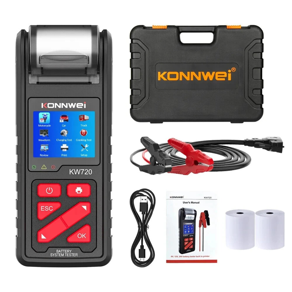 Konnwei KW720 Multi-Voltage Battery Tester & Analyzer with Built-In Printer for Cars, Trucks, and Motorcycles-image-OPC-PMGHJDW-NEW